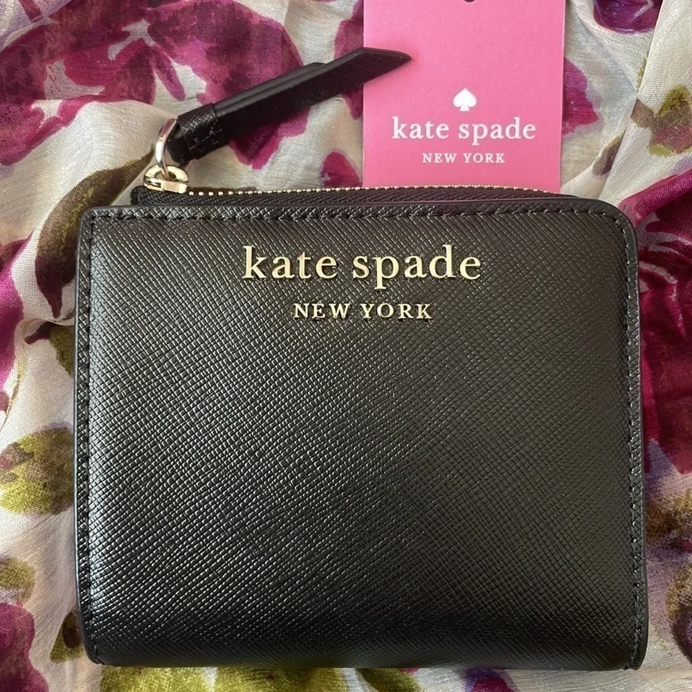 Brand New Kate Spade Genuine Saffiano Leather Black L-Zip Bifold Cameron Wallet